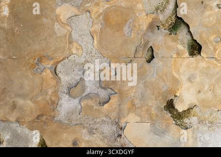 Wall with aged, peeling beige and yellow plaster, revealing cement. Graphic background for distressed effects or textured surfaces. Beige, Ocher, Gray Stock Photo