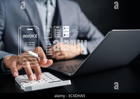 Invoice calculate check with digital documents, calculator, and laptop. billing management Stock Photo
