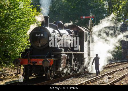 LMS Ivatt Class 2 steam train on the Lakeside & Haverthwaite Railway, Lakeside, Ulverston, England Stock Photo