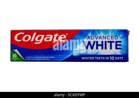 Colgate Advanced White toothpaste whiter teeth in 10 days clinically proven whiter teeth micro-cleansing crystals isolated on white background Stock Photo
