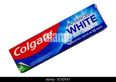 Colgate Advanced White toothpaste whiter teeth in 10 days clinically proven whiter teeth micro-cleansing crystals isolated on white background Stock Photo