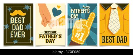 Happy Fathers Day greeting cards. Posters of dad hand holding child hand. Celebration or invitation design elements. Flat vector illustration Stock Vector