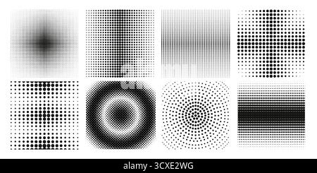 Set of halftone dots gradient pattern. Seamless geometric ornament in vintage style with circles and stripes. Design elements for print. Flat vector Stock Vector