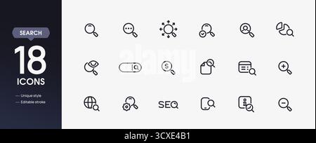 Search set of line icons. Simple symbols with magnifying glass, search bar, optimization, internet, and incognito mode. Editable stroke. Outline Stock Vector