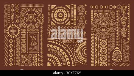 Mexican pattern set. Ornate posters with tribal Polynesian or African ornaments and Mayan geometric shapes. Ethnic Aztec posters. Outline vector Stock Vector