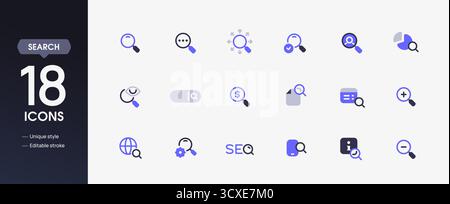 Search set of icons. Colorful signs with magnifying glass, search bar, optimization, internet, and incognito mode. Design elements for app. Flat Stock Vector