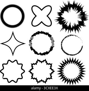 Abstract geometric frame shapes collection in black, decorative outline badges, circular and starburst vector borders, modern label elements for logo, Stock Vector
