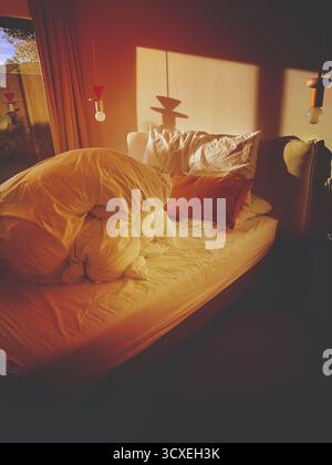 Morning light falls on an unmade bed - bedroom interior pillow duvet Stock Photo