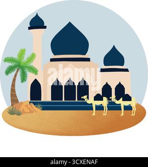 Celebrate Eid with this picturesque scene featuring a beautiful mosque, a camel caravan journeying through a desert oasis, and a palm tree under a sof Stock Vector