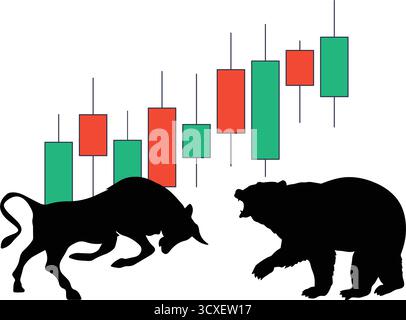 Bulls, bears, stock market. market vector illustration.The growing and falling market. Vector. Stock Vector