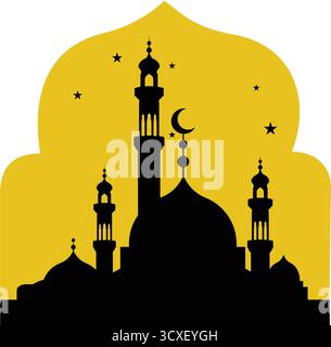 A vibrant silhouette of a mosque, featuring intricate minarets and a prominent dome, is set against a bright yellow backdrop, evoking a sense of celeb Stock Vector