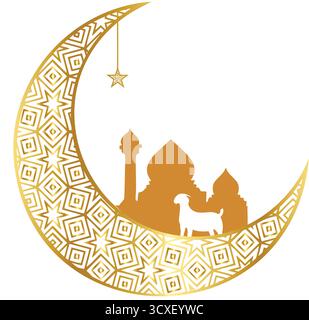 A beautiful golden crescent moon with intricate patterns is adorned with a small star, featuring a silhouette of a mosque and buildings. Perfect for E Stock Vector