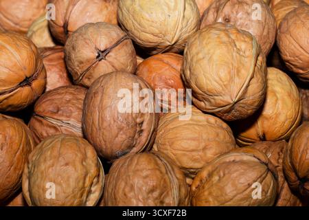 A rich harvest of walnuts: whole nuts in a bright vase, scattered amber kernels on a plate, and a pile of empty shells. Stock Photo