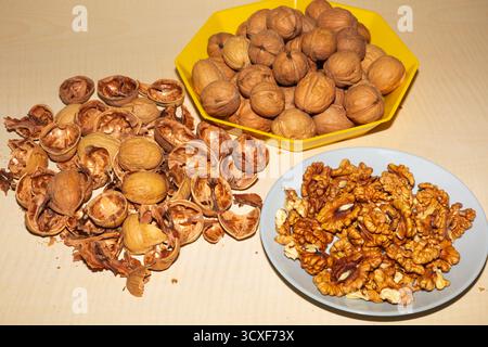 A rich harvest of walnuts: whole nuts in a bright vase, scattered amber kernels on a plate, and a pile of empty shells. Stock Photo
