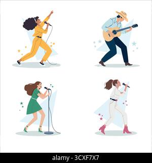 Four diverse singers performing on stage. A black woman in yellow, a Caucasian man with a guitar, a brown-haired woman in green, and a woman in white Stock Vector