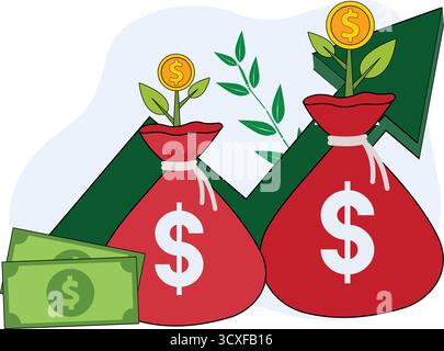 Money growth vector illustration concept with money sack business finance graph growth and bag money coin. investment arrow up Money Growth vector ill Stock Vector