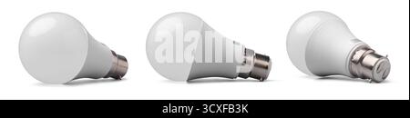 set of modern led light bulb with frosted diffuser, plastic body and b22 bayonet cap fitting isolated white background, concepts of energy efficiency Stock Photo