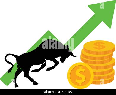 Bulls money up graph stock market concept Vector bull with green arrow stock price increase Stock Vector
