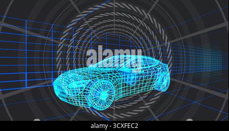 Displaying wireframe sports car gliding through virtual tunnel, with neon grid lines and data rings Stock Photo