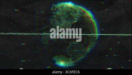 Spinning 3D point-cloud hemisphere in space with horizontal data line numeric labels, RGB artifacts Stock Photo