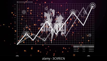 Displaying futuristic data dashboard, featuring world map white line graph and orange particles Stock Photo