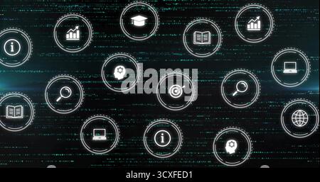 Floating icon cluster hovering over dark code grid, with data, info, search and education icons Stock Photo