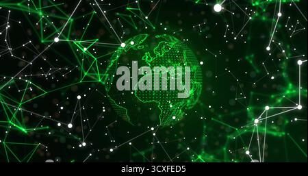 Hovering neon-green wireframe globe showing Europe, Africa in network with glowing mesh and nodes Stock Photo