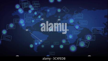 Displaying glowing world map overlaying digital interface, with avatar icons and connecting lines Stock Photo