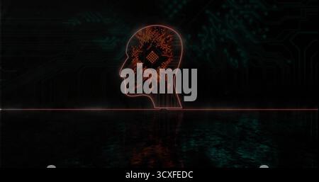 Floating neon circuit-traced head silhouette glowing over reflective surface, with microchip motif Stock Photo