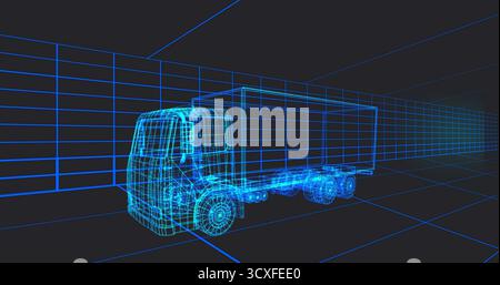Displaying neon blue wireframe box truck on left in virtual 3D grid space, showing grid lines Stock Photo