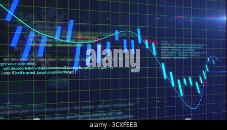 Displaying candlestick chart moving on grid on screen, with neon-blue bars and glowing trend line Stock Photo