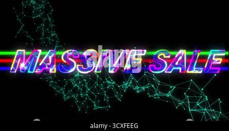 Neon MASSIVE SALE text glitching in cyber environment, with RGB glitch bars and teal mesh network Stock Photo