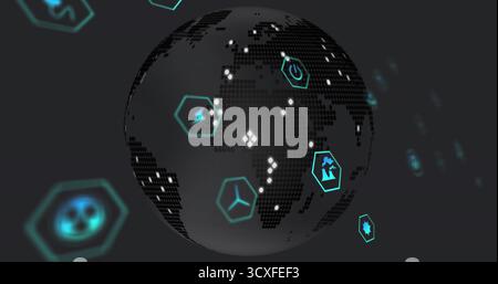 Dot-matrix globe rotating in lab, cyan hex frames power lightning flask propeller icons datapoints Stock Photo