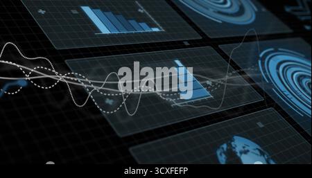 Translucent panels hovering above grid showing blue bars, waveforms, radial charts and globe icon Stock Photo