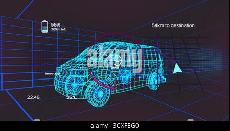 Displaying bright cyan wireframe van model floating within grid environment, with HUD overlays Stock Photo