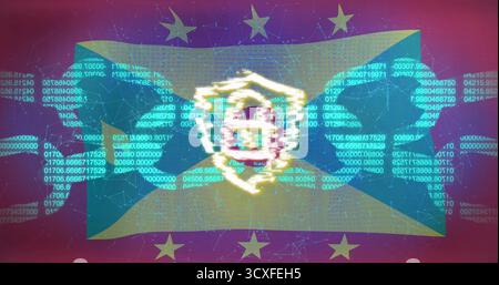 Displaying Ecuador flag fluttering in data space, with coat of arms, network nodes and code streams Stock Photo