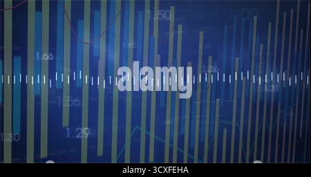 Displaying data visualization unfolding on dashboard with bars, waveform, line traces, labels Stock Photo