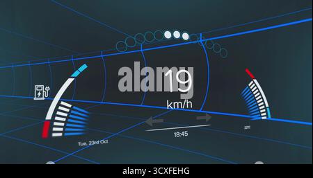 Displaying speedometer showing 19 km or h in virtual cockpit, with gauges, icons and readouts Stock Photo