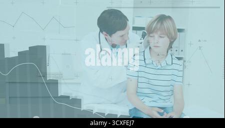Female doctor examining boy's ear using otoscope in clinic, wearing white coat and stethoscope Stock Photo