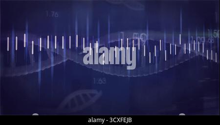 Displaying data bar chart and waveform on purple gradient canvas, with numeric labels and DNA icon Stock Photo