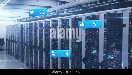 Displaying server racks streaming binary digits at data center, showing blue notification icons Stock Photo
