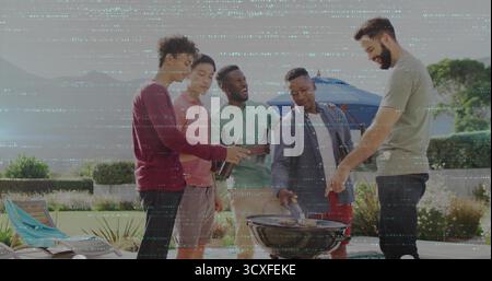 Grilling five friends using tongs cooking food patio beside pool, with charcoal grill, beer bottles Stock Photo