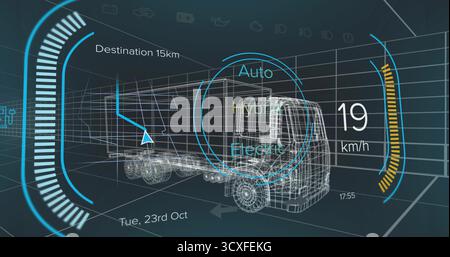 Showing wireframe truck and trailer in 3D grid, with circular mode selector UI and speedometer Stock Photo