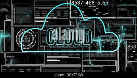 Showing neon CLOUD icon streaming data across dark digital interface, with multiple data panels Stock Photo