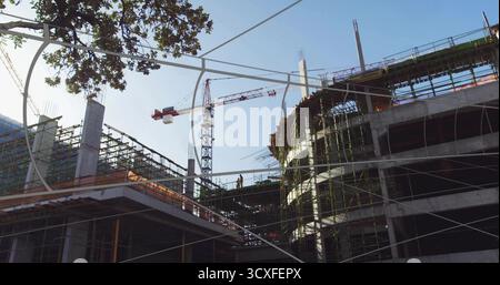 Standing construction worker in hardhat, vest surveying building at building site, with tower crane Stock Photo