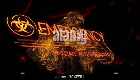 Displaying orange holographic emergency alert in dark control interface, with biohazard symbol Stock Photo