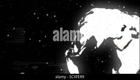 Spinning digital globe projecting code fragments and scattered light particles in space, copy space Stock Photo