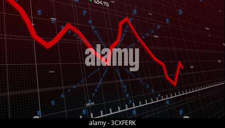Showing red trend line fluctuating on digital chart with grid, blue labels and radial pattern Stock Photo