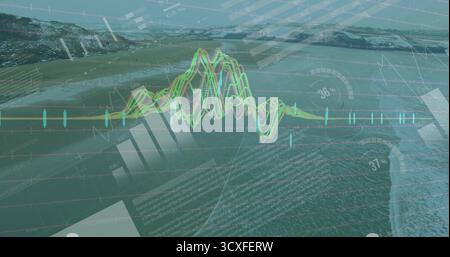 Displaying translucent waveform graph over coastal aerial scene, with bar charts gauges grid lines Stock Photo