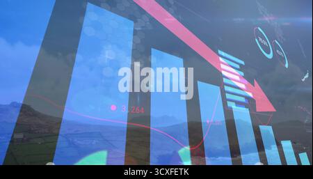 Displaying digital chart overlay over rural valley farmland, with blue bars, red arrow, hex grid Stock Photo